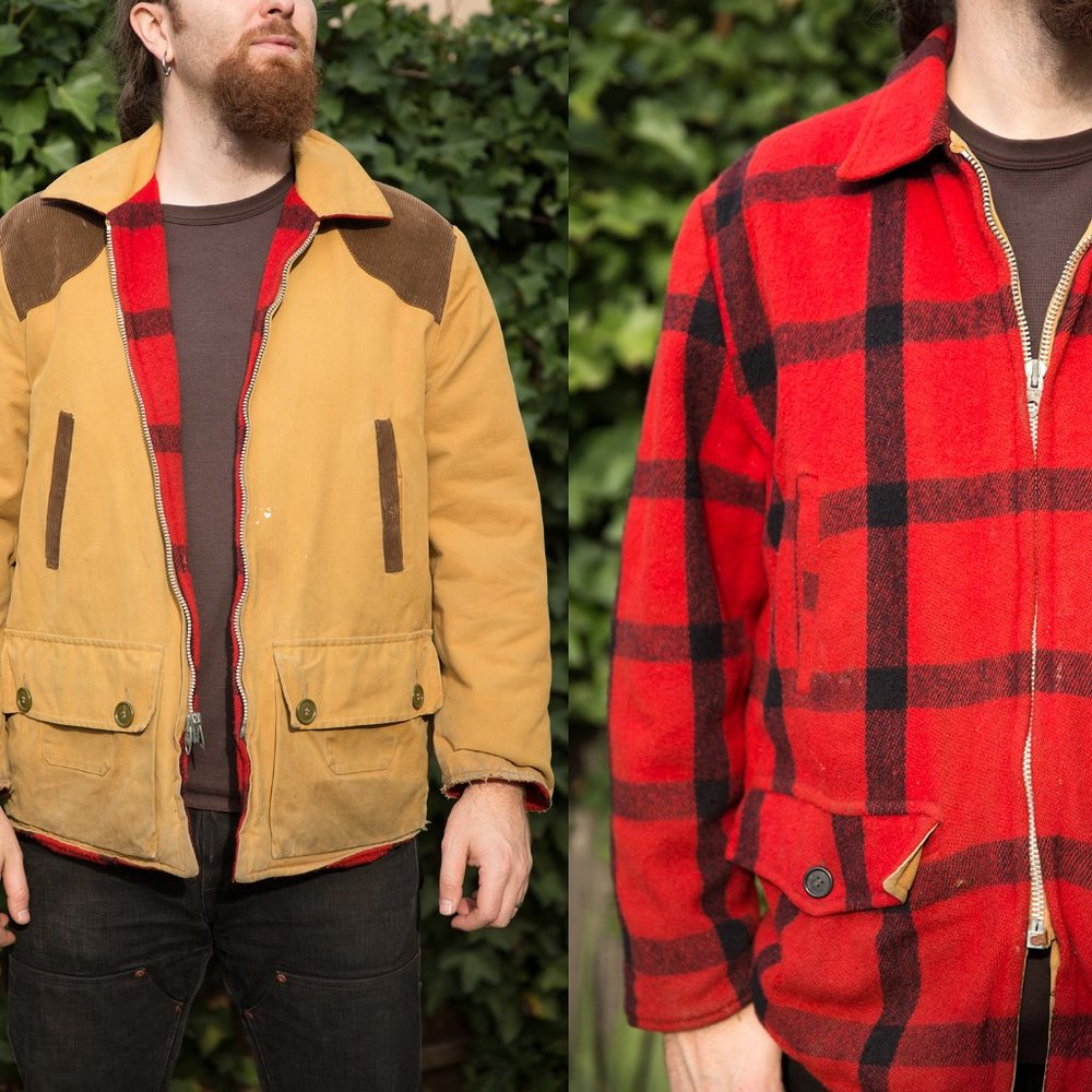 Vintage 50s 60s Woods Rough-Rider Reversible Wool & Canvas Hunting Coat Jacket